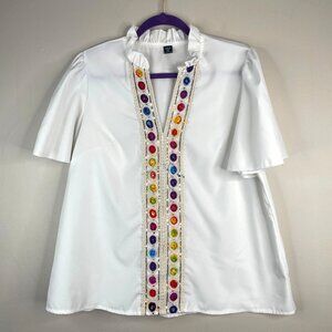 Ruffle Neck Top Womens 1X XL Colorful Embroidered Sequin Feminine Party Blouse